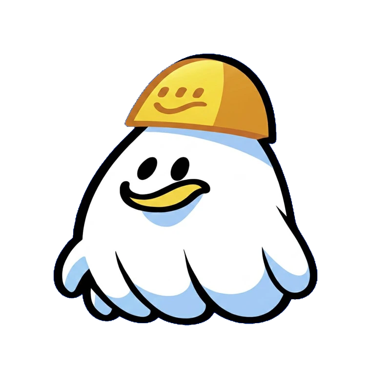 Gulili, a round white bird in a yellow cap.